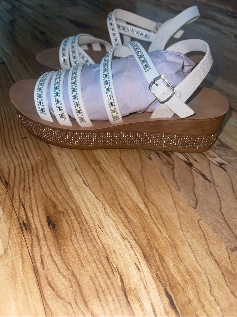 White Rhinestone Strappy Platform Sandals with Buckle - Women's